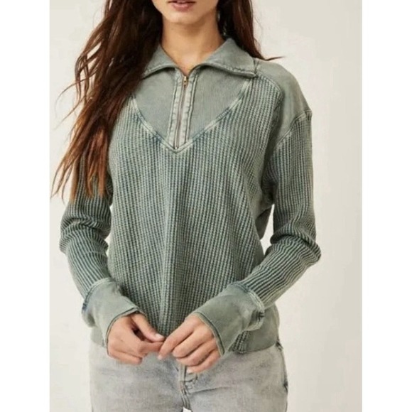 Free People FP One Ashton Zip Thermal Long Sleeve Relaxed Ribbed Blouse Top M - Picture 9 of 10